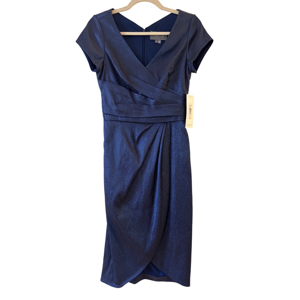 Theia Couture Metallic Midnight Navy Wrap Cocktail Dress 8812314 Size 4 NWT